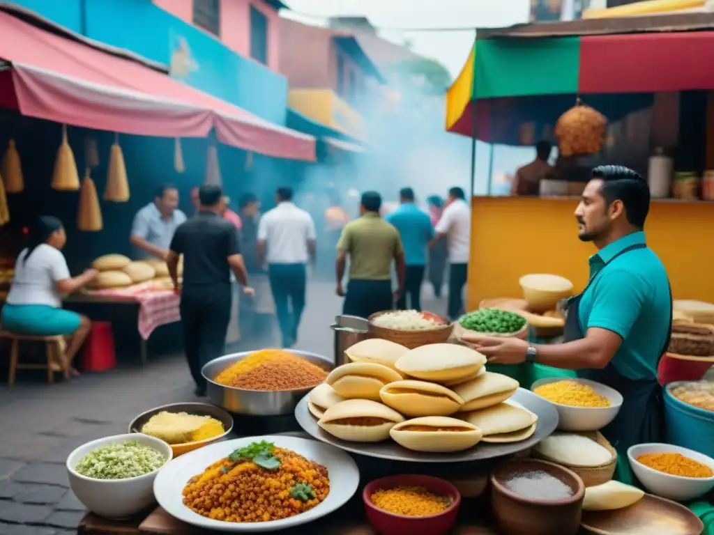 Un bullicioso mercado callejero latinoamericano con platos callejeros latinos gourmet y ambiente festivo