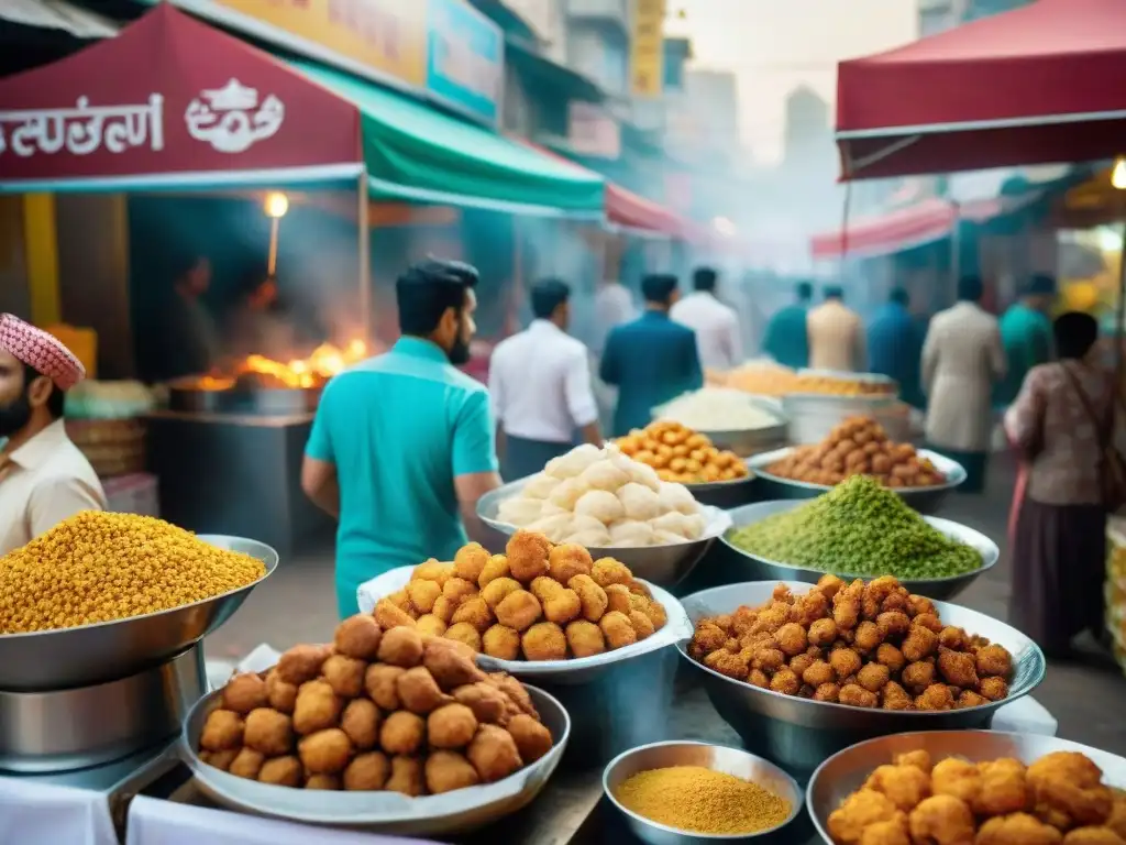 Un bullicioso mercado callejero en Pakistán, lleno de colores vibrantes y el tentador aroma de pakoras crujientes