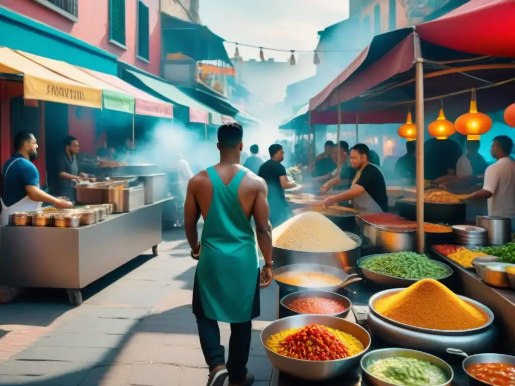 Un bullicioso mercado callejero con los mejores salsas comida callejera, chefs habilidosos y clientes entusiastas