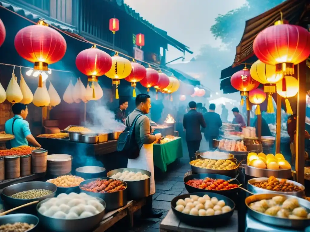 Un bullicioso mercado callejero en Asia con puestos de comida coloridos y clientes curiosos bajo faroles brillantes