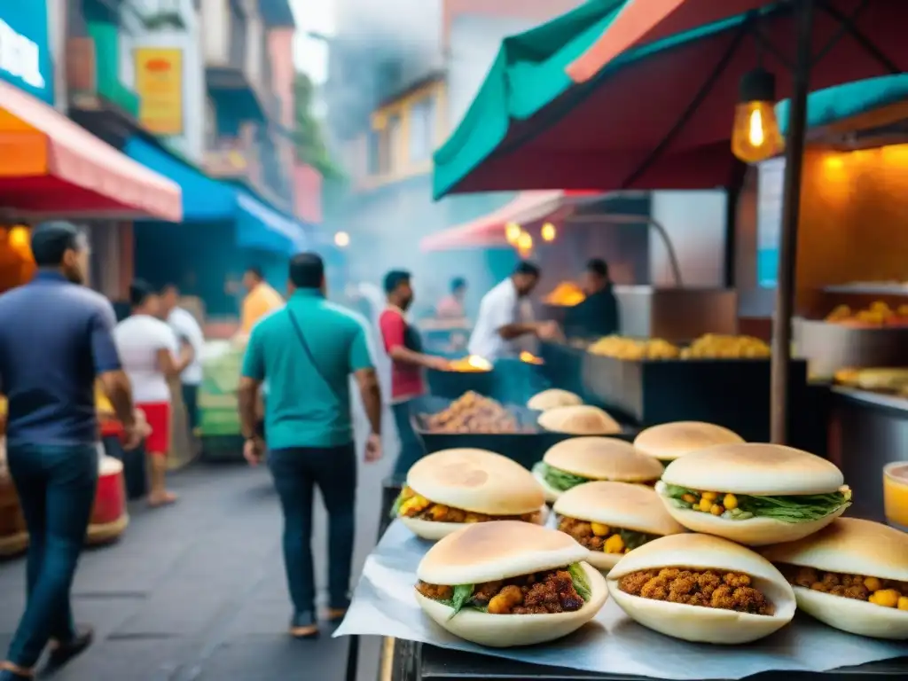 Un bullicioso mercado de comida callejera en una vibrante ciudad latinoamericana