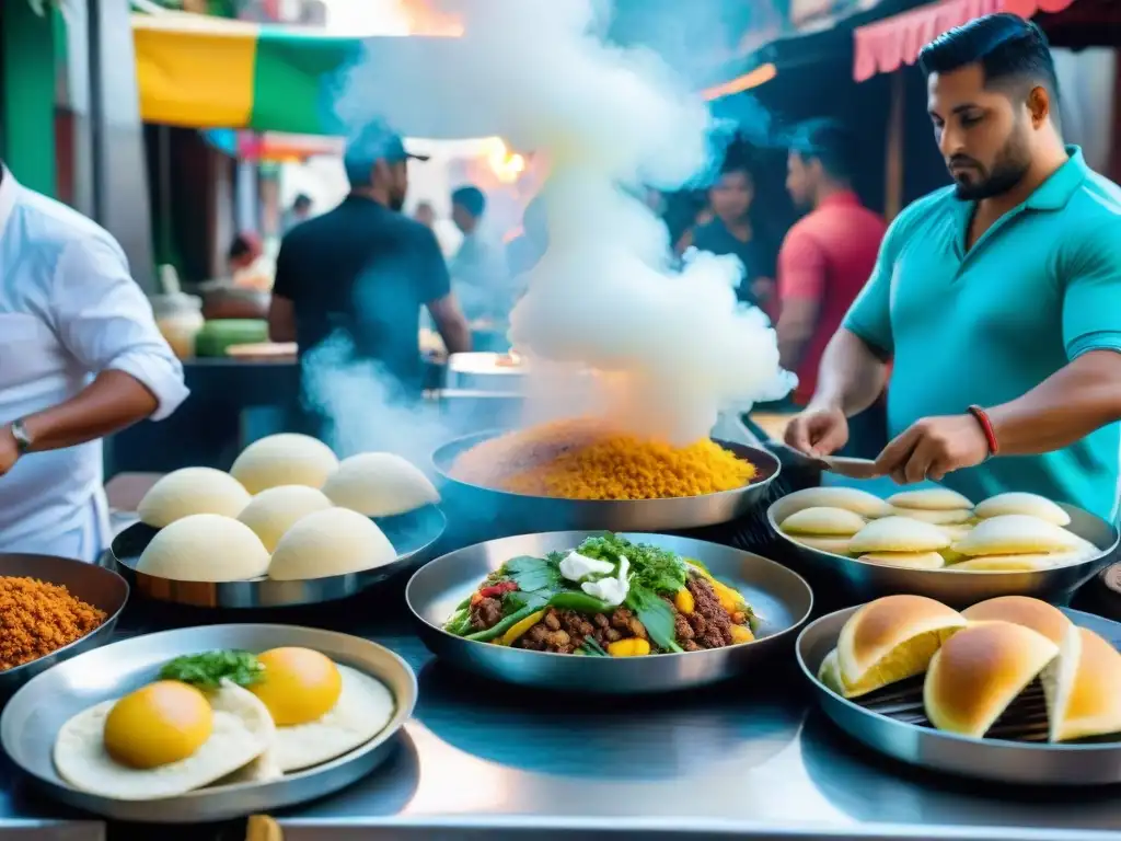 Mercado callejero latino: fusión culinaria y coloridas delicias Un bullicioso mercado de comida callejera latina alta gastronomía, chefs preparando arepas, tacos, ceviche y empanadas, clientes disfrutando