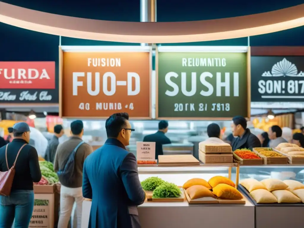 Un bullicioso mercado de comida étnica fusionada exhibiendo sushi tacos, empanadas de curry y pizza kimchi