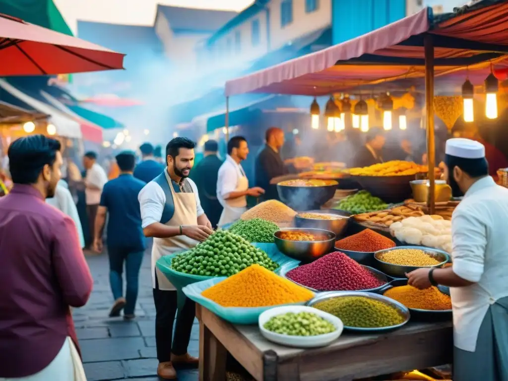 Un bullicioso mercado gastronómico al aire libre con fusiones étnicas en gastronomía mundial