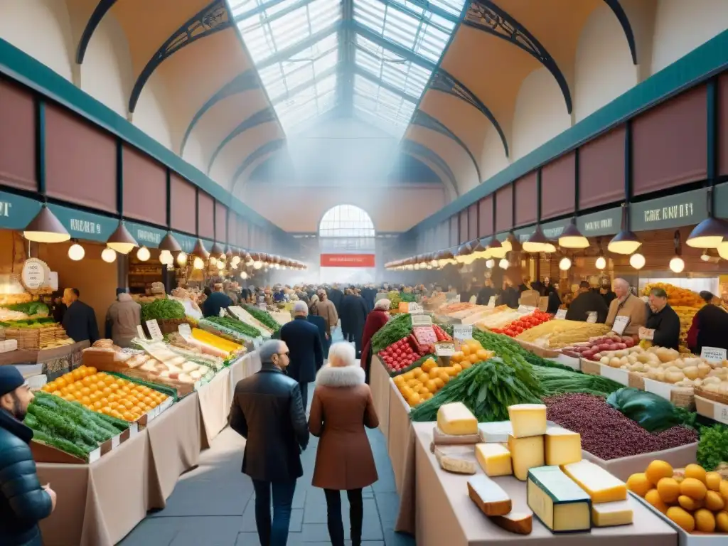 Un bullicioso mercado gourmet del mundo, lleno de coloridos puestos de productos frescos y delicias gourmet, con clientes variados