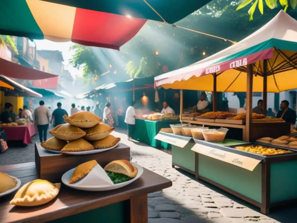 Un bullicioso mercado latino con puestos de comida coloridos y bebidas artesanales en América