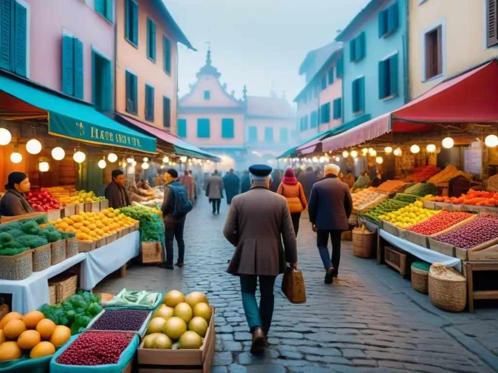 Un bullicioso mercado local con coloridos puestos de conservas gourmet artesanales tradicionales