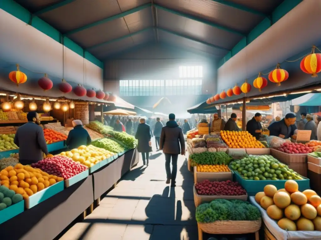 Un bullicioso mercado local lleno de coloridos puestos de productos frescos y artesanales