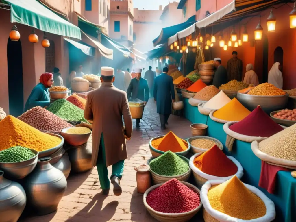 Un bullicioso mercado marroquí con puestos de especias, verduras frescas y tejidos coloridos, reflejando la tradición culinaria marroquí del couscous