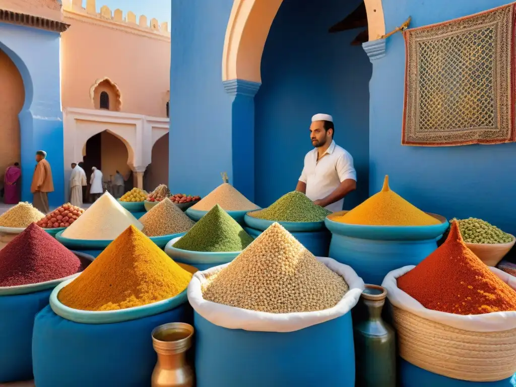 Un bullicioso mercado marroquí tradicional rebosante de colores, aromas y sabores que define la couscous tradición culinaria marroquí