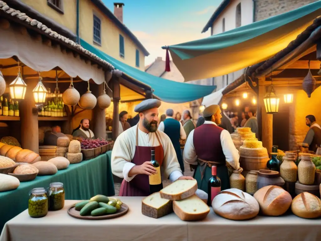 Un bullicioso mercado medieval con variados alimentos y bebidas fermentadas