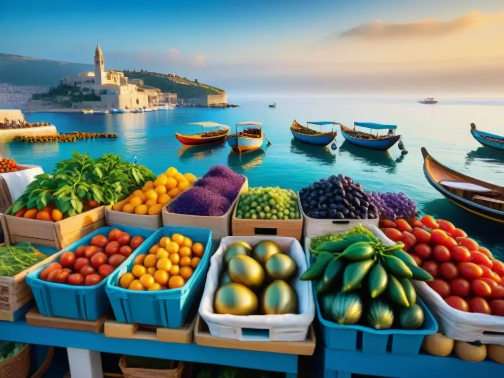 Un bullicioso mercado mediterráneo rebosante de coloridas frutas y hierbas frescas, bajo el cálido sol mediterráneo