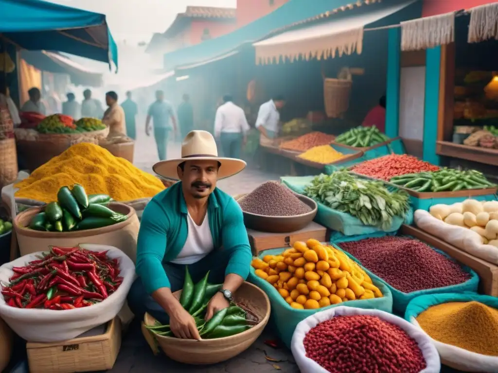 Un bullicioso mercado mexicano con ingredientes locales, cocinando fusión gourmet