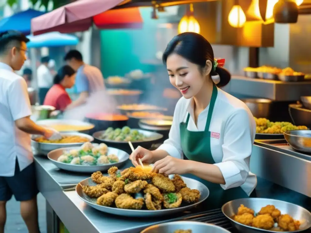 Un bullicioso mercado de Singapur donde se preparan ostras fritas gourmet