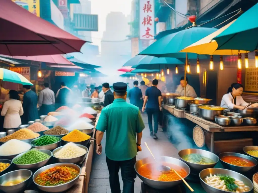 Un bullicioso mercado de sopas callejeras asiáticas gourmet, con vendedores coloridos y clientes disfrutando de deliciosos platos