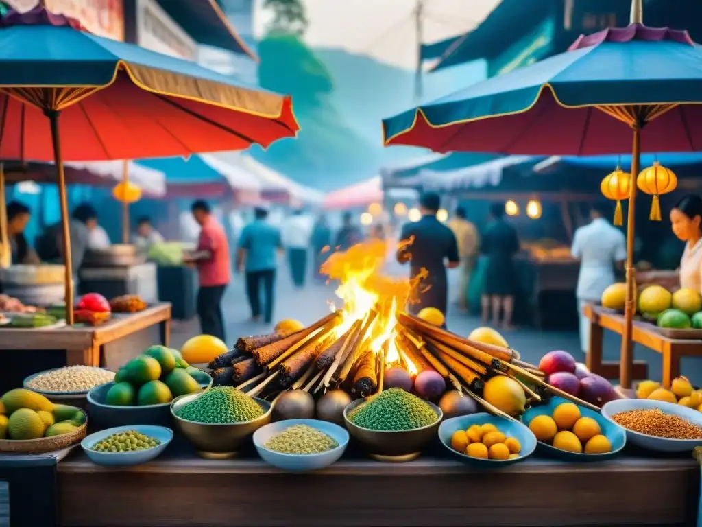 Un bullicioso mercado tailandés con delicias exóticas y locales bajo sombrillas y faroles coloridos