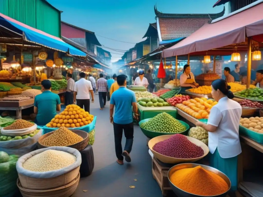 Explora el bullicioso mercado tailandés con frutas exóticas y comida callejera