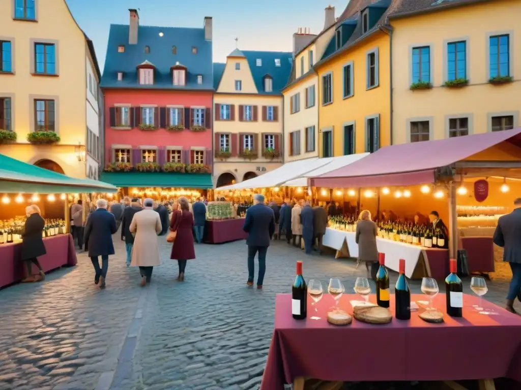 Un bullicioso mercado de vinos naturales en una plaza europea pintoresca