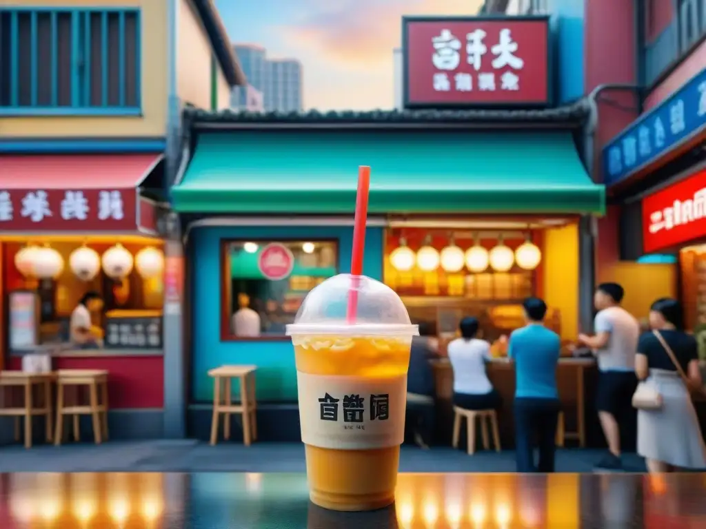 Bullicioso paisaje taiwanés con locales y turistas disfrutando del bubble tea en coloridos puestos callejeros