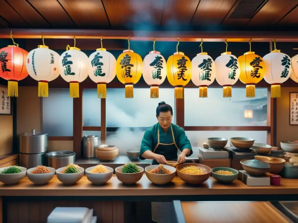 Un bullicioso restaurante japonés con chefs preparando platos de fideos icónicos Asia, faroles tradicionales y clientes disfrutando