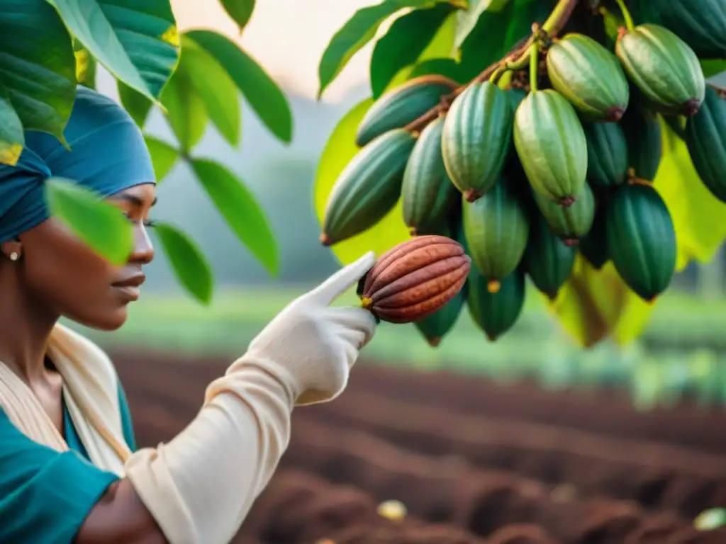 Plantación de cacao al amanecer con agricultores recolectando éticamente cacao maduro