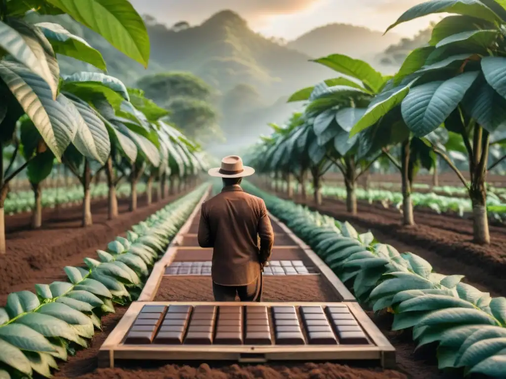 Plantación de cacao al amanecer con agricultores seleccionando granos