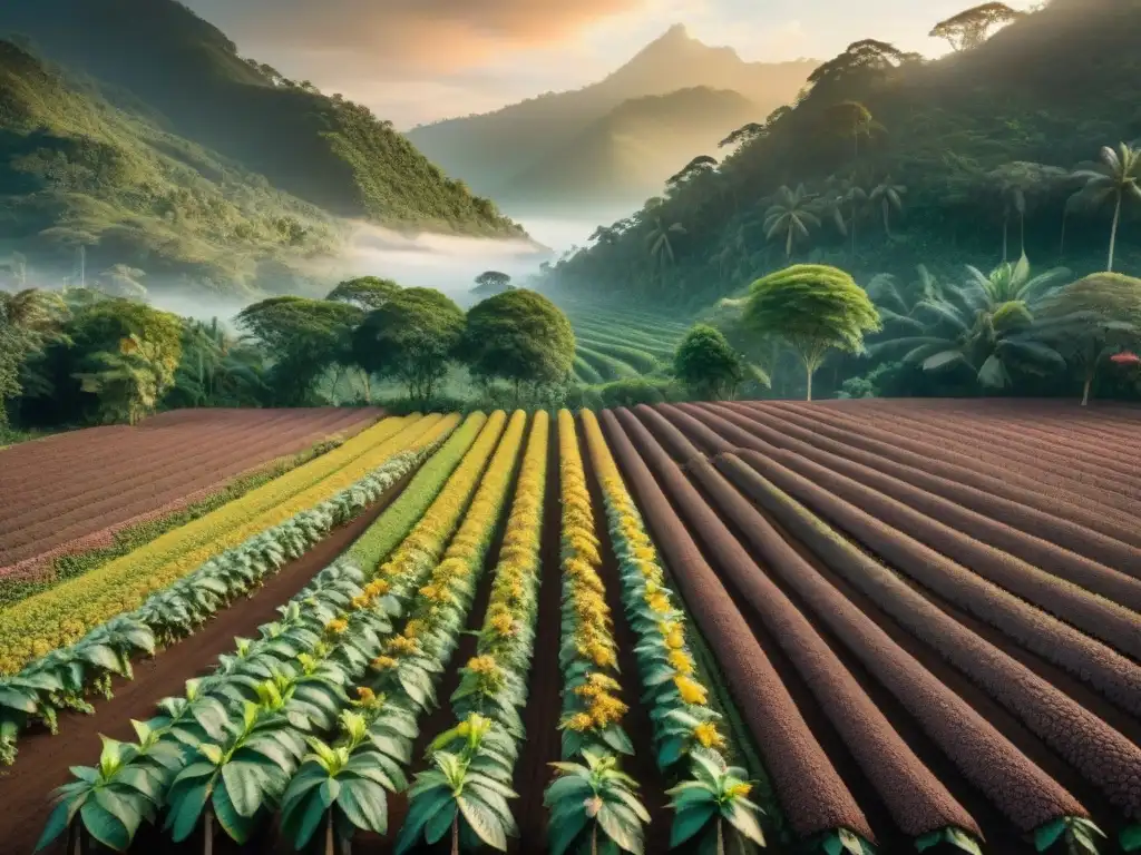 Plantación de cacao al amanecer: árboles cargados de vainas maduras, apicultores polinizando