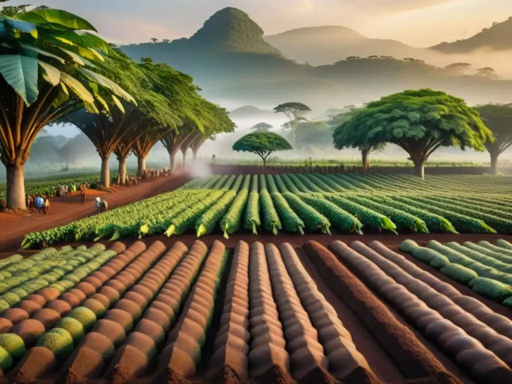 Plantación de cacao al atardecer en África con agricultores locales recolectando, girafa pastando bajo el sol dorado