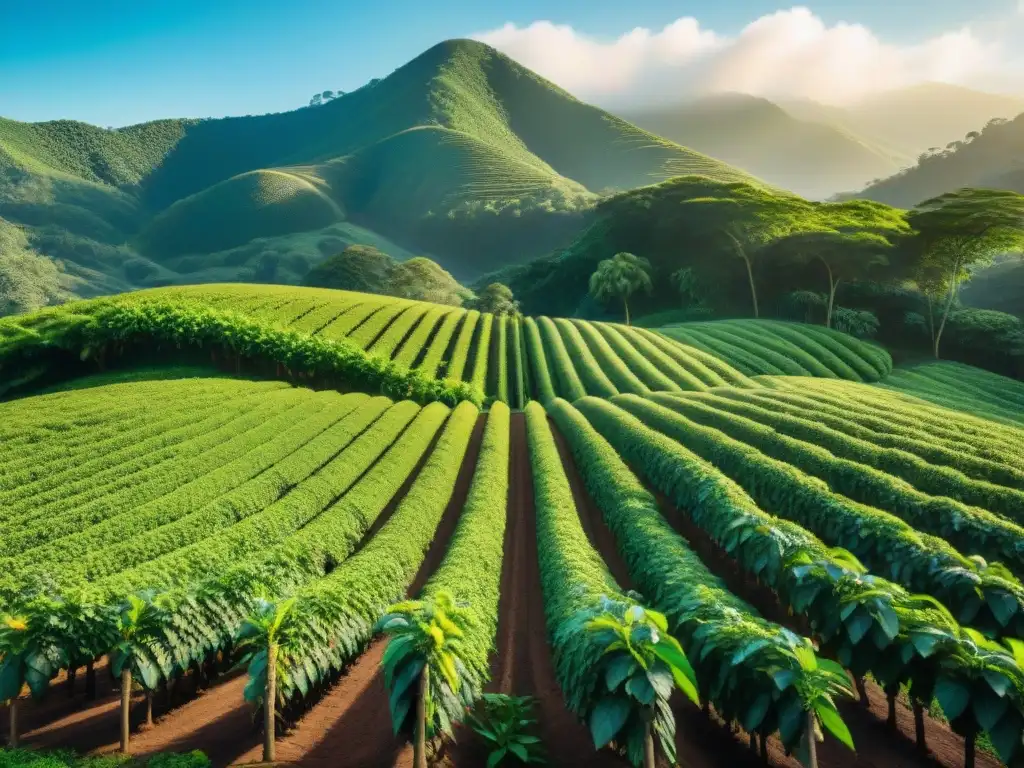 Plantación de cacao en el atardecer, con árboles cargados de coloridos frutos