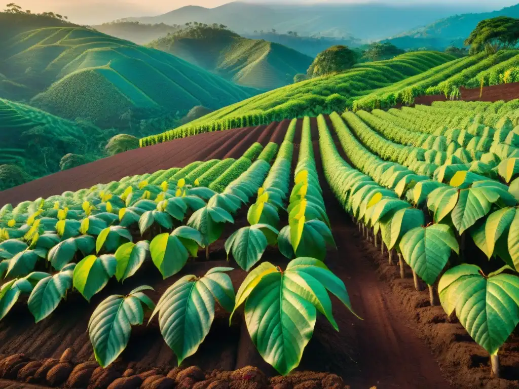 Plantación de cacao al atardecer, con árboles cargados de vainas maduras