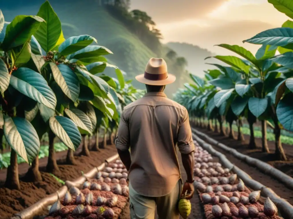 Plantación de cacao al atardecer con cosecha artesanal, reflejando el origen del chocolate