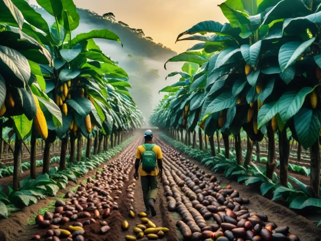 Plantación de cacao al atardecer con cosecha y negociación entre compañías de chocolate