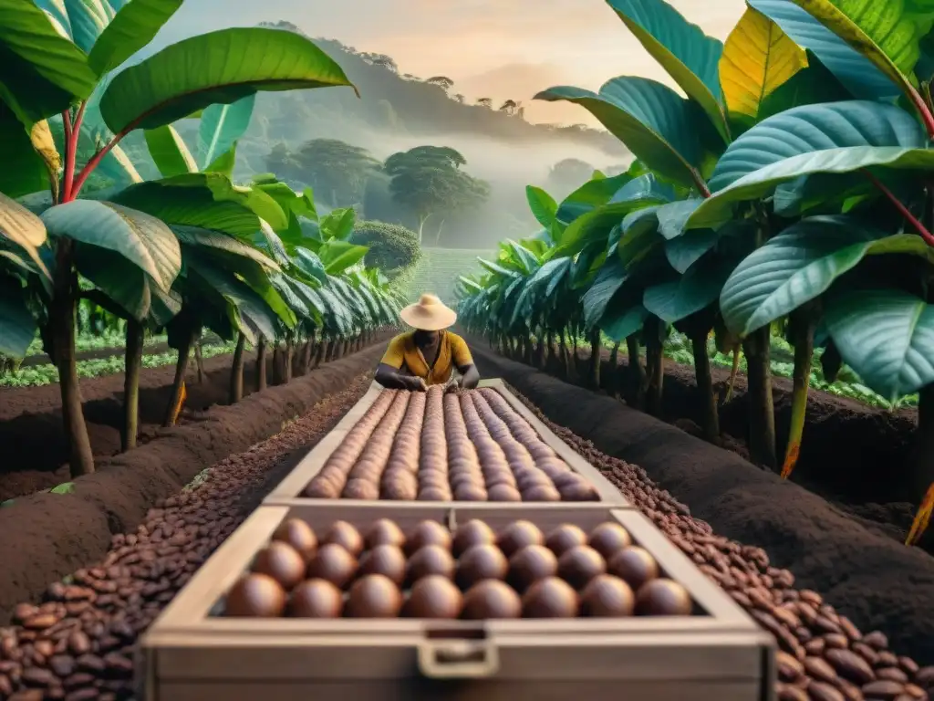 Plantación de cacao al atardecer con recolección manual de granos