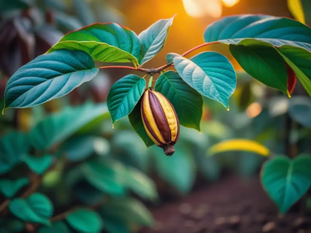 Plantación de cacao al atardecer con vibrantes tonos de los frutos maduros entre hojas detalladas, suelo terroso y luz dorada filtrándose por el dosel