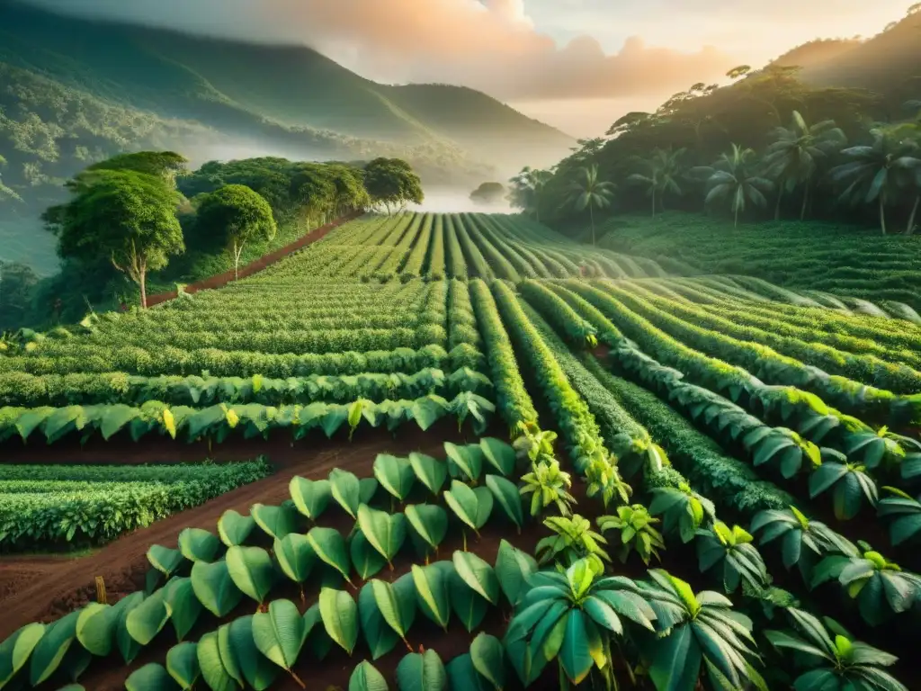 Plantación de cacao al amanecer, cosecha manual en cestas