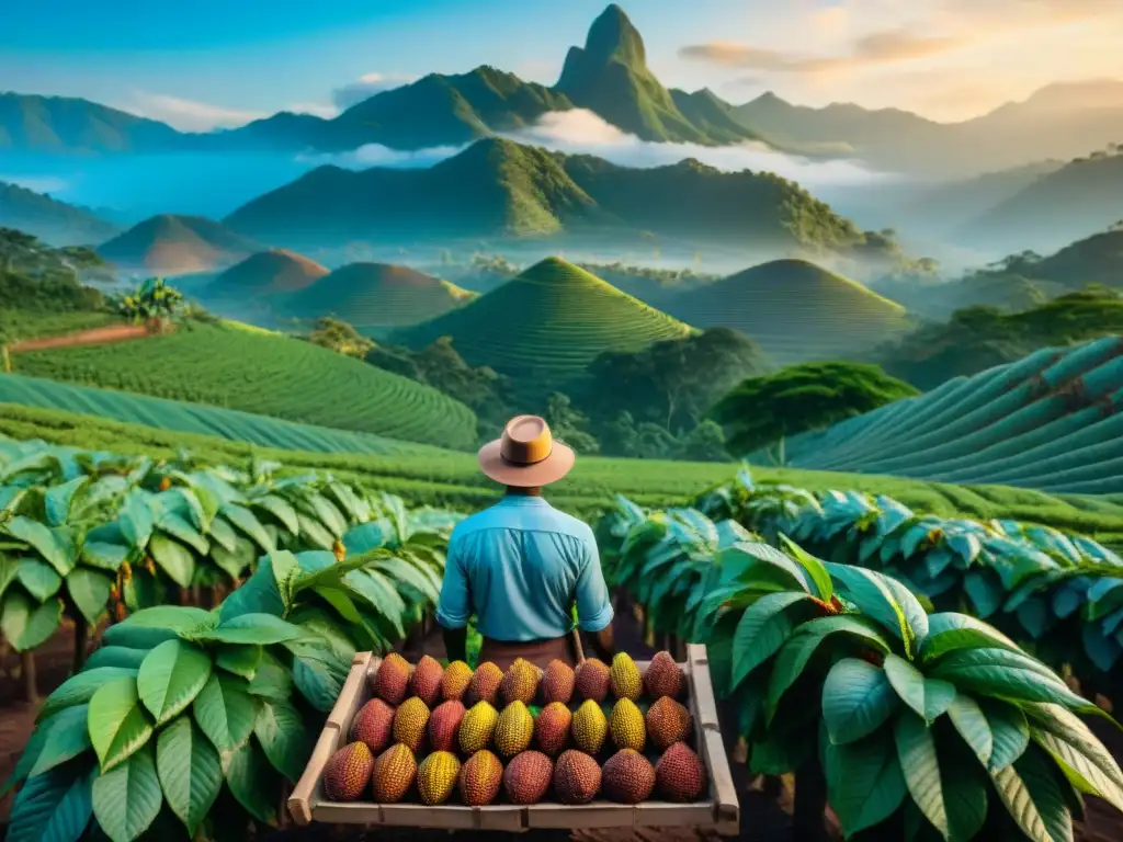 Plantación de cacao exótico al amanecer, con árboles cargados de vainas brillantes