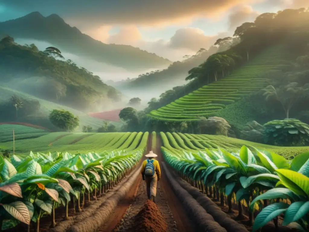 Plantación de cacao exuberante al amanecer, con árboles cargados de coloridas vainas y neblina