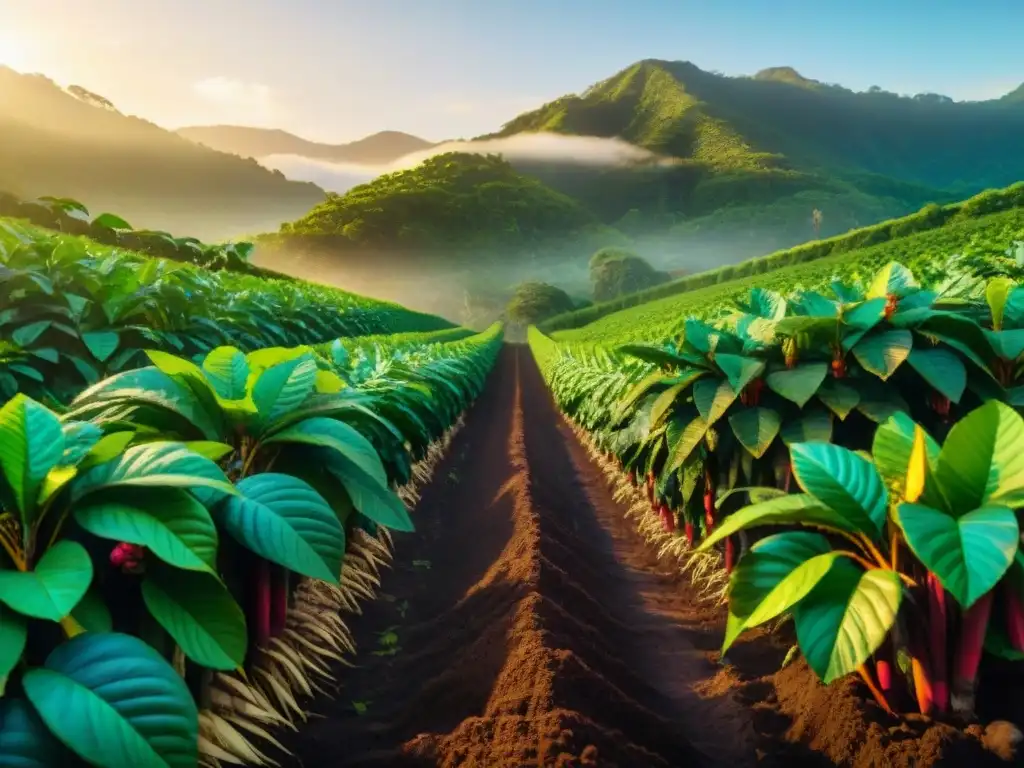 Plantación de cacao exuberante al amanecer, con árboles cargados de frutos maduros y flores tropicales