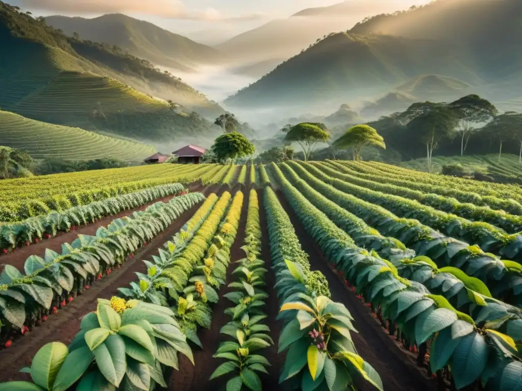 Plantación de cacao exuberante al amanecer, con árboles cargados de vainas maduras