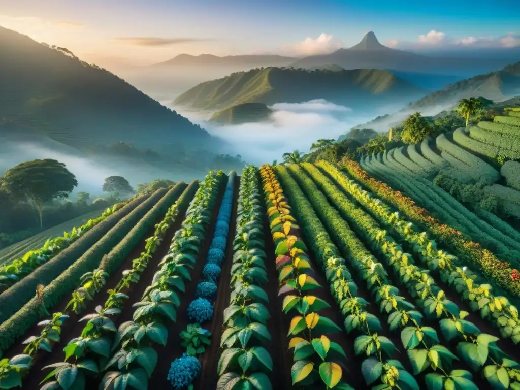 Plantación de cacao exuberante al amanecer, con árboles cargados de coloridas vainas bajo la luz dorada