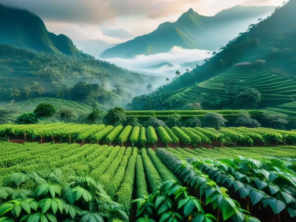 Plantación de cacao exuberante con árboles cargados de vainas maduras, artesano recolectando granos de cacao, montañas neblinosas al fondo