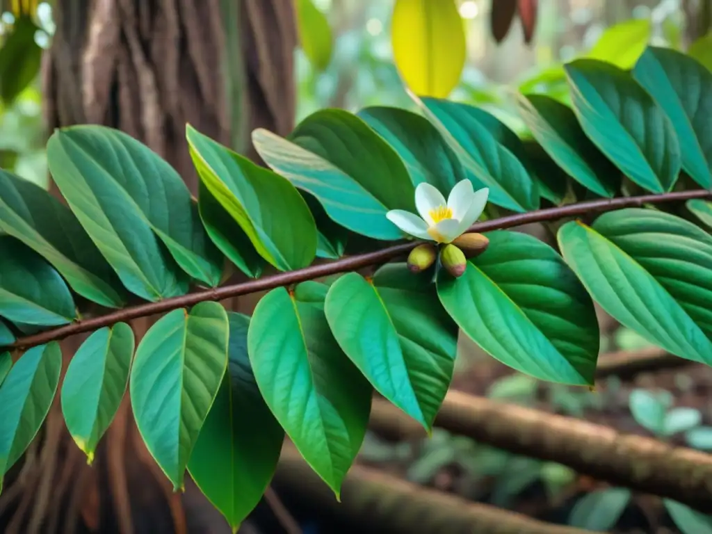 Un cacao en un exuberante bosque tropical, sus hojas verdes vibrantes y frutos coloridos cuelgan de las ramas