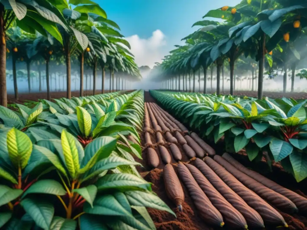 Plantación de cacao exuberante con recolectores entre árboles tropicales altos