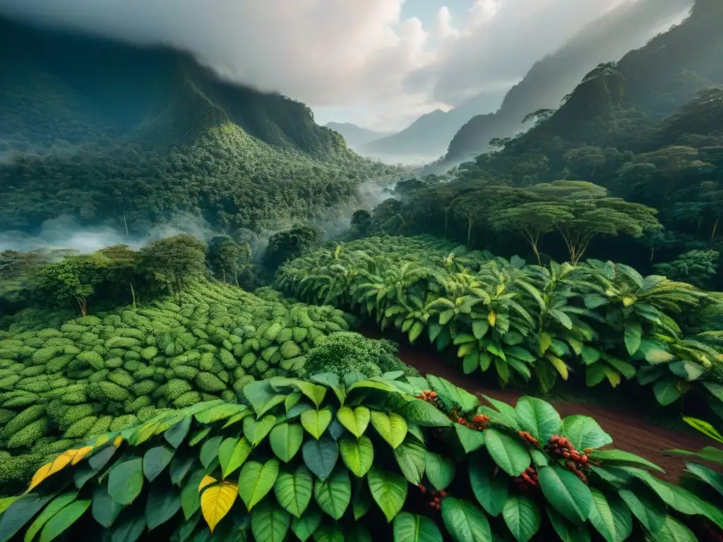 Plantación de cacao exuberante en la selva amazónica, con cacao maduro y flora exótica