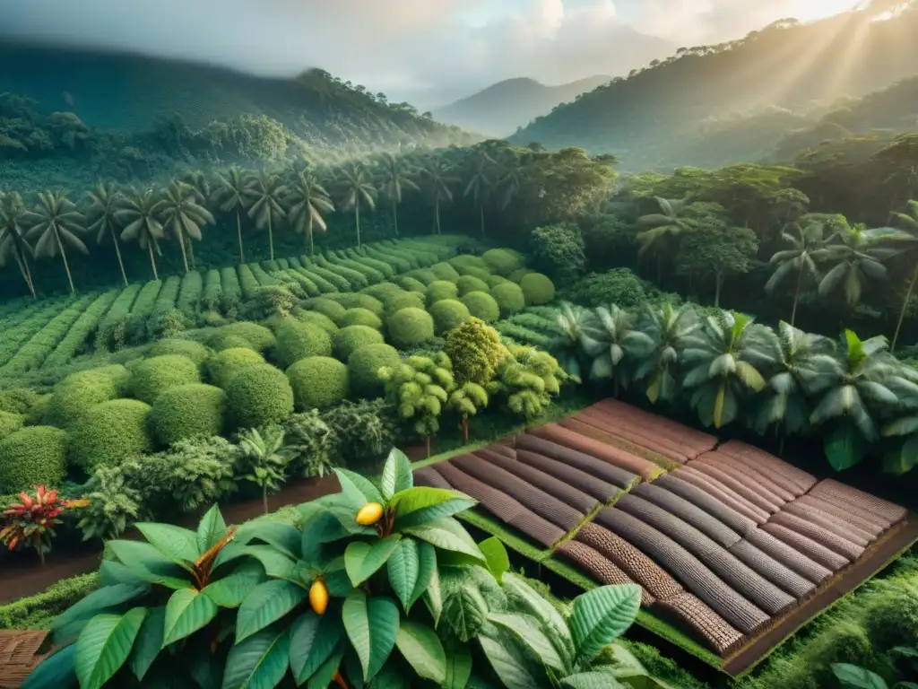 Plantación de cacao exuberante en la selva tropical, con árboles cargados de coloridas mazorcas