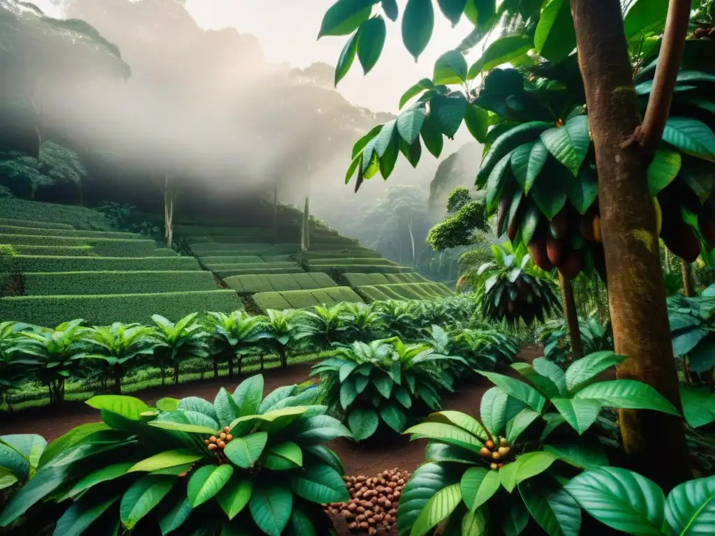 Plantación de cacao exuberante en la selva tropical, origen de chocolates de sabor exótico