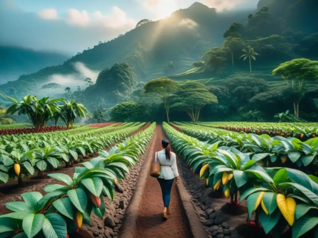 Plantación de cacao exuberante y serena en paraíso tropical