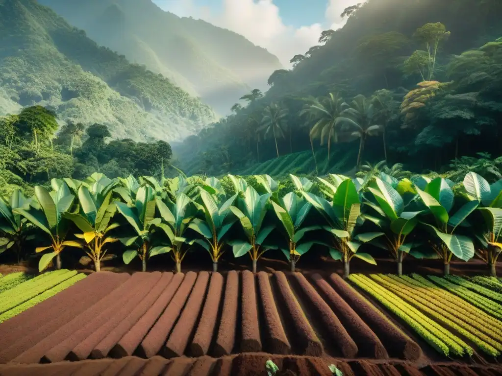 Plantación de cacao exuberante con variedades de árboles y trabajadores en procesos artesanales cacao gourmet