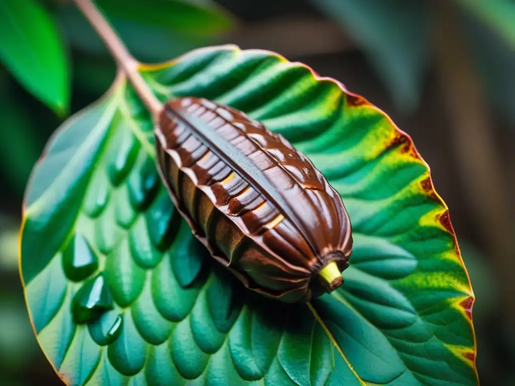 Un cacao pod con gotas de rocío, revelando los granos de cacao oscuros y su entorno tropical