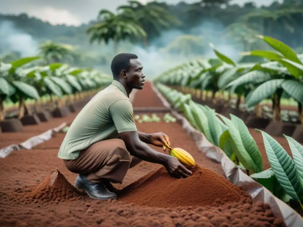 Plantación de cacao en guerra: recolección de cacao entre conflictos, mostrando la dualidad de la producción de chocolate en tiempos difíciles